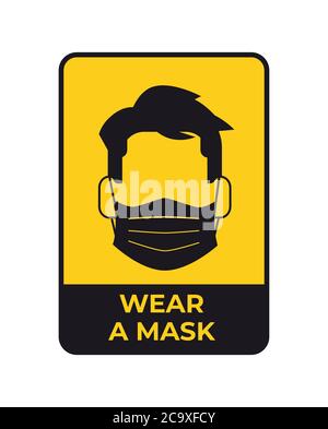 warning sign for social distancing coronavirus pandemic protection measures concept wear a mask yellow sticker vector illustration Stock Vector