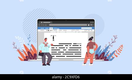 couple making valuable content on laptop screen writing texts creativity and promotion copywriting concept horizontal full length vector illustration Stock Vector