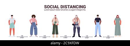 mix race people keeping 2 meters distance to prevent coronavirus pandemic social distancing concept horizontal full length vector illustration Stock Vector