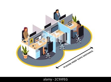 businesspeople keeping distance to prevent coronavirus pandemic social distancing concept colleagues working during quarantine in coworking area horizontal full length isometric vector illustration Stock Vector
