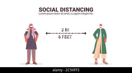 arabic people keeping 2 meters distance to prevent coronavirus pandemic social distancing concept horizontal full length vector illustration Stock Vector
