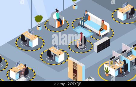 businesspeople keeping distance to prevent coronavirus pandemic social distancing concept colleagues working during quarantine in coworking area horizontal full length isometric vector illustration Stock Vector