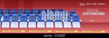 rows of blue seats in empty theater auditorium with protection measures yellow stickers social distancing concept horizontal copy space vector illustration Stock Vector