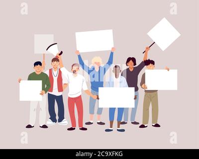 people with banners and signs are protesting, people raised fist and signs on protes vector illustration design Stock Vector