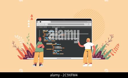 software engineers programmers working on project using laptop developing coding programming concept horizontal full length vector illustration Stock Vector