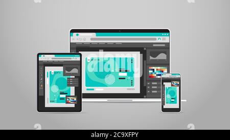 laptop tablet and smartphone screns cross platform application development adaptive user interface responsive web design horizontal vector illustration Stock Vector
