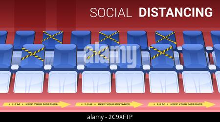 rows of blue seats in empty theater auditorium with protection measures yellow stickers social distancing concept horizontal copy space vector illustration Stock Vector