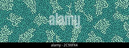 Turing background, organic liquid texture. Pattern with fluid ink shapes, turquoise green color. Widescreen backdrop, panorama graphic template. Vecto Stock Vector