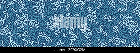 Turing background, organic liquid texture. Pattern with fluid ink shapes, turquoise dark blue color. Widescreen backdrop, panorama graphic template. V Stock Vector