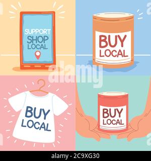 set of icons local shop campaign, supports local businesses vector illustration design Stock Vector