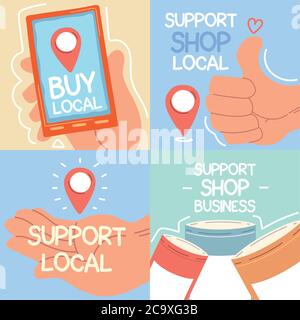set of icons local shop campaign, supports local businesses vector illustration design Stock Vector