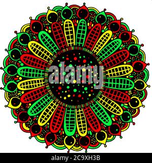 Floral doodle mandala. Line rastafari colores zendoodle drawing. Mindfulness artwork. Vector illustration. Stock Vector