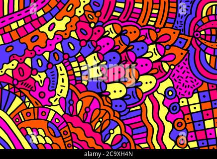 Doodle colorful cartoon pattern.Trippy backdrop with floral abstract motifs. Psychedelic texture. Zentangle pattern. Vector illustration. Stock Vector