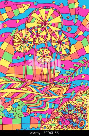 Neon pastel colored fantastic flowers. Doodle illustration with ocean seaweed. Creative vector illustration. Line drawing. Underwater world. Wild sea Stock Vector