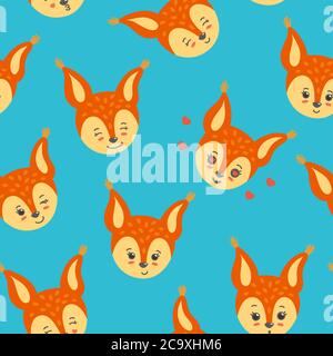Squirrel head in a seamless pattern. Winking, smiling, happy squirrels. Vector illustration in flat style Stock Vector