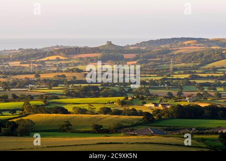 Pilsdon Pen, Dorset, UK.  3rd August 2020.  UK Weather.  View across the Marshwood Vale to Colmers Hill viewed from Pilsdon Pen near Broadwindsor in Dorset at sunrise.  Picture Credit: Graham Hunt/Alamy Live News Stock Photo