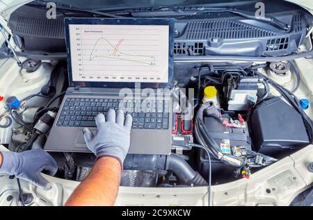 Professional car mechanic working in auto repair computer service Stock Photo
