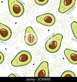Vector seamless pattern with avocado fruit on a white background, with the word avocado, hearts, leaves Stock Vector
