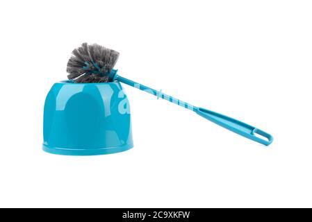 Toilet brush from above bowl isolated on white background. Close up. Copy space.