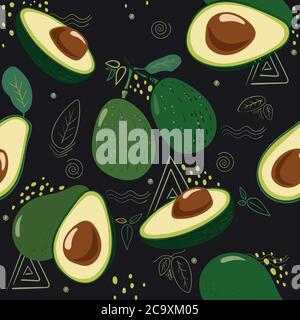 Seamless pattern of half avocado on dark background. Vector print for textile, wallpaper, backdrop, wrapping Stock Vector