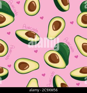 Vector seamless pattern with avocado fruit on a pink background, with the word avocado, hearts Stock Vector