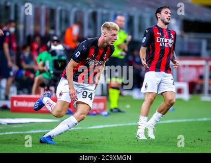 Marco Brescianini of AC Milan during the Serie A 2019/20 match between AC Milan vs Cagliari Calcio at the San Siro Stadium, Milan, Italy on August 01, Stock Photo