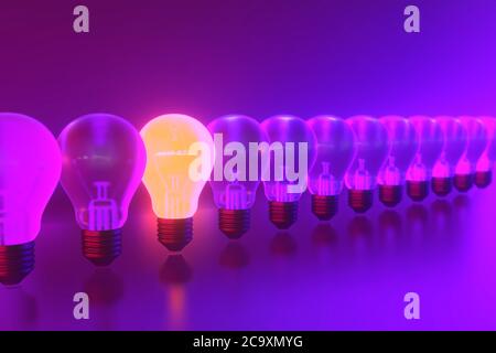 3D rendering of Bulbs, Teamwork, leadership, management and uniqueness concept. High quality 3d illustration Stock Photo