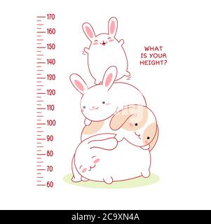 Height chart with cute baby rabbit. Kids meter with cartoon animals. Inscription - What is your height? Meter wall or baby scale of growth. Vector EPS Stock Vector