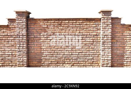 Fence of bricks. Wall with brick imitation decorative tiles. Copy space for text. Isolated on white background Stock Photo