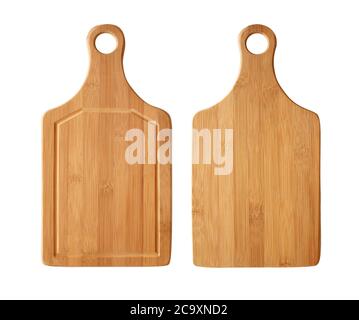 Natural Bamboo cutting board. Rustic wooden chopping board - front view and back view. Isolated on white background Stock Photo