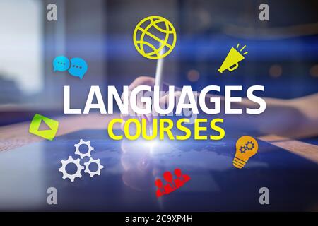 Language courses, Online learning, English shool, E-learning concept on virtual screen Stock Photo