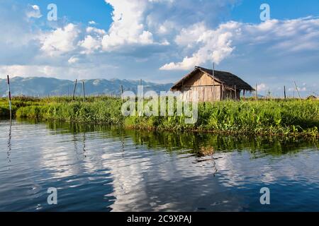 Wooden floating houses on Inle Lake in Shan, Myanmar, former Burma in Asia