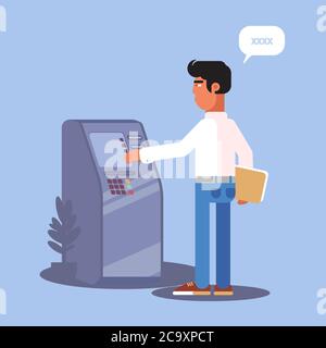 Young man using cashpoint flat color illustration Stock Vector