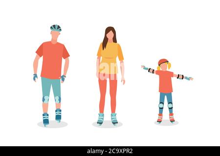 Family in roller skates vector illustration isolated on white background Stock Vector