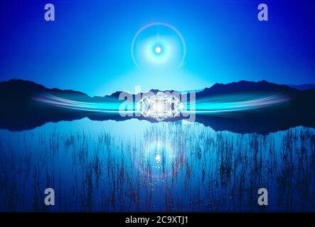 Magical otherwordly abstract lights over lake concept Stock Photo
