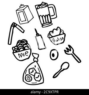 Indonesian style doodle food, complete with traditional noodles, iced tea, oranges, keriong cake, meatballs, chili sauce, soy sauce. suitable for the Stock Vector