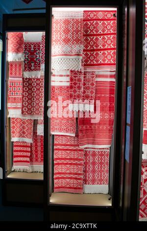 texture of towels embroidered with the national red and white at the fair of folk crafts, collection, Belarus Stock Photo