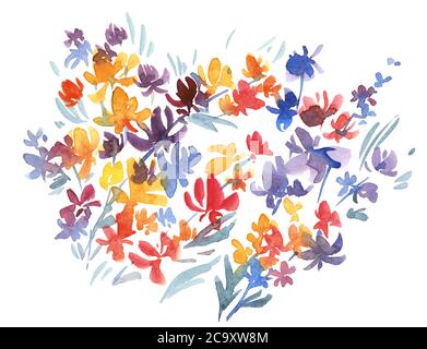Free hand watercolor orange and violet abstract flowers element for card, header, invitation, poster, social media, post publication. Hand drawn brush Stock Photo