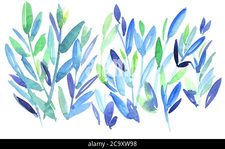 Free hand watercolor blue and green abstract leaves element for card, header, invitation, poster, social media, post publication. Hand drawn brush ske Stock Photo