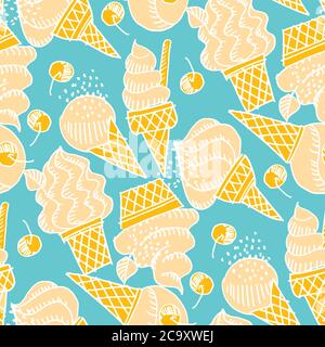 Cute assorted vanilla ice cream in shabby doodle art style vector tile rapport. Fun summer vibes gelato tile rapport. Stock Vector