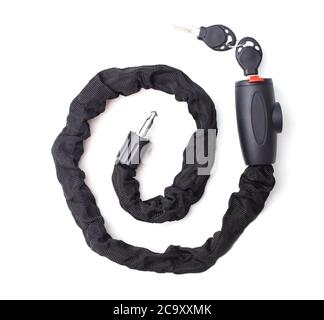 Bicycle anti-theft security lock with key on white background, isolate. Close-up, equipment Stock Photo