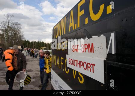 Southport fans leaving the ground after their team's match against Harrogate Town at Wetherby Road, Harrogate. The Conference North match was won 3-2 by Southport, a result which kept the Sandgrounders on course for top spot in the division while Harrogate Town remained bottom. Harrogate Town were promoted to the English Football League (EFL) at the end of the 2019-20 season for the first time in their history, when they defeated Notts County in the National League play-off final at Wembley, the match being held against the backgound of COVID-19 pandemic restrictions whereby no spectators were