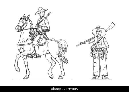 Mounted cowboy and trapper with gun. Wild west silhouette illustration ...