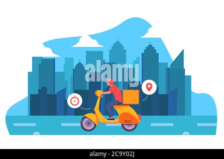 courier man delivery the package with scooter illustration Stock Vector