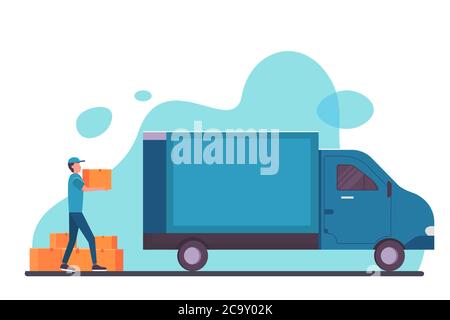 courier man bring the package to the delivery car illustration Stock Vector