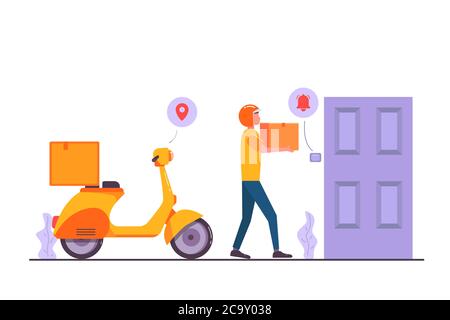 courier man delivery the package to house. illustration Stock Vector