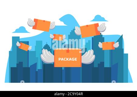 Flying Package. winged package illustration Stock Vector