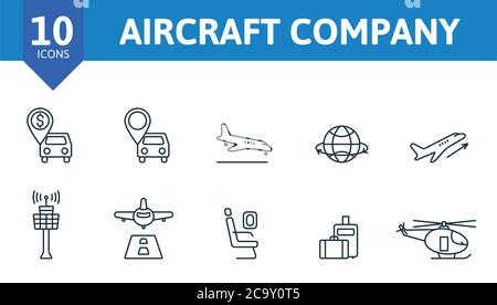 Aircraft Company icon set. Collection contain arrival, board, departure, board, libra, online, check, in, airplane, ticket and over icons. Aircraft Stock Vector