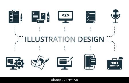 Illustration Design icon set. Collection contain pack of pixel perfect creative icons. Illustration Design elements set Stock Vector