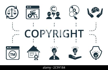 Copyright icon set. Collection contain pack of pixel perfect creative icons. Copyright elements set Stock Vector